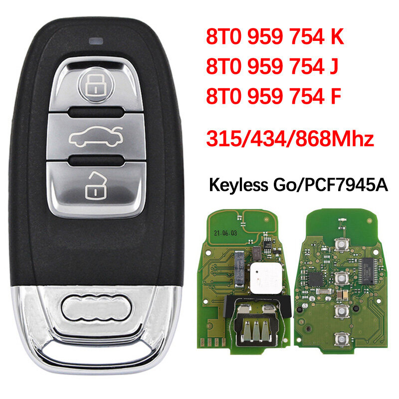 애프터 마켓 스마트 카드 키, CN008082, A-udi A4 S4 A5 S5 Q5 A6 용, 키리스 고 PCF7945A, 315, 434, 868Mhz, 8T0 959, 754 K, J F, 3 단추