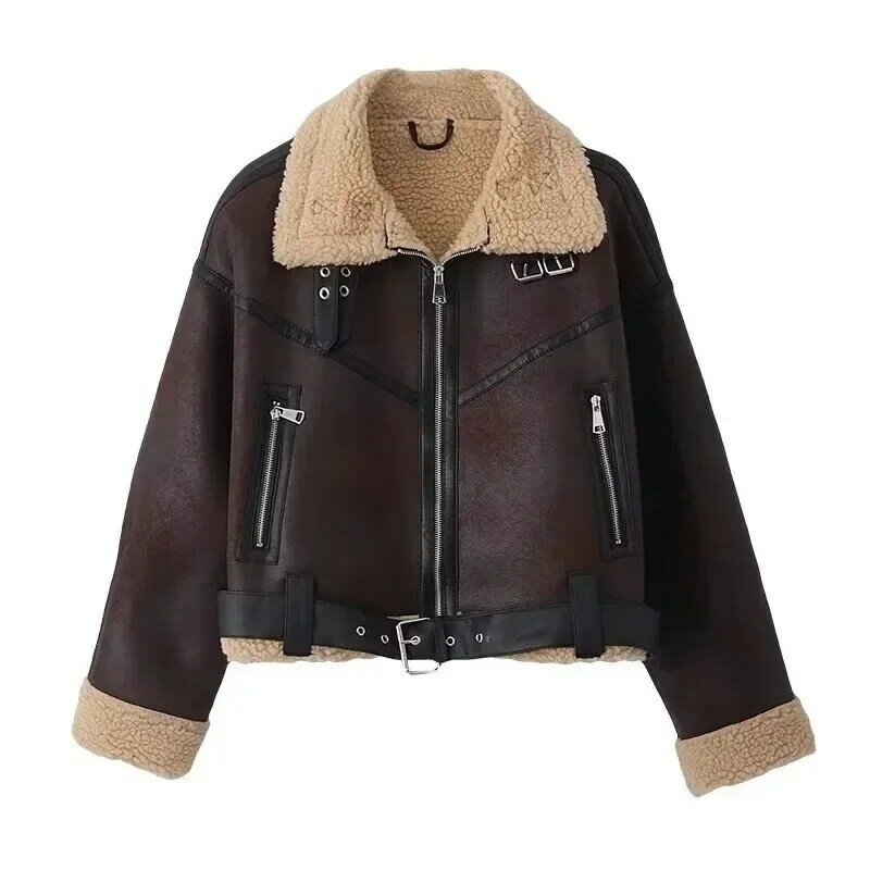 2023 Spring Autumn Women Fur Loose Belt Warm Jacket Lamb Wool Thickened Locomotive Lapel Female Coat Brown Chic Outwear