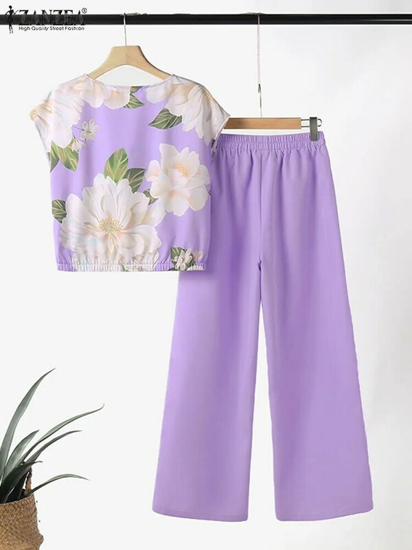 ZANZEA damskie dresy na co dzień z elastyczną talią kwiatowy nadruk z krótkim rękawem Top letnie proste spodnie 2 sztuki komplety świątecznych spodni
