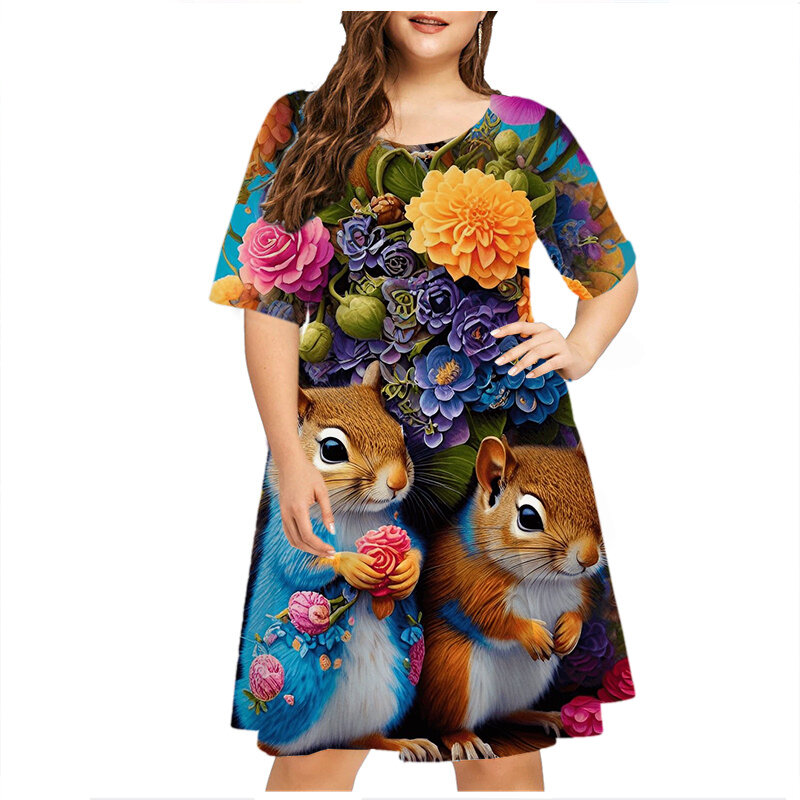 Animal Funny Mouse Floral Print Dresses For Women 2023 Summer Plus Size Dresses Casual Fashion Short Sleeve Loose Large Sundress