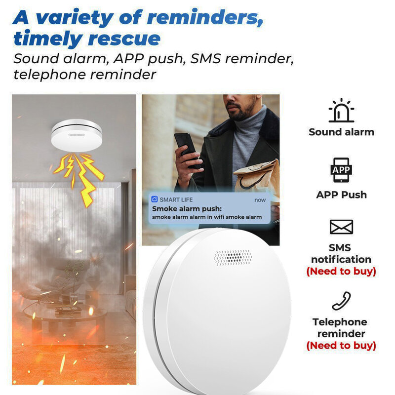 Tuya-detector de humo con wifi, alarma fotoeléctrica de seguridad para el hogar, inalámbrica