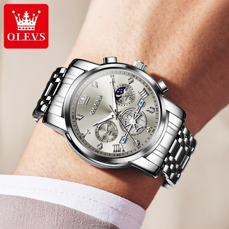 Chronograf zegarki męskie ze stali nierdzewnej OLEVS faza księżyca wodoodporny świecący kwarcowy zegarek na rękę dla mężczyzn