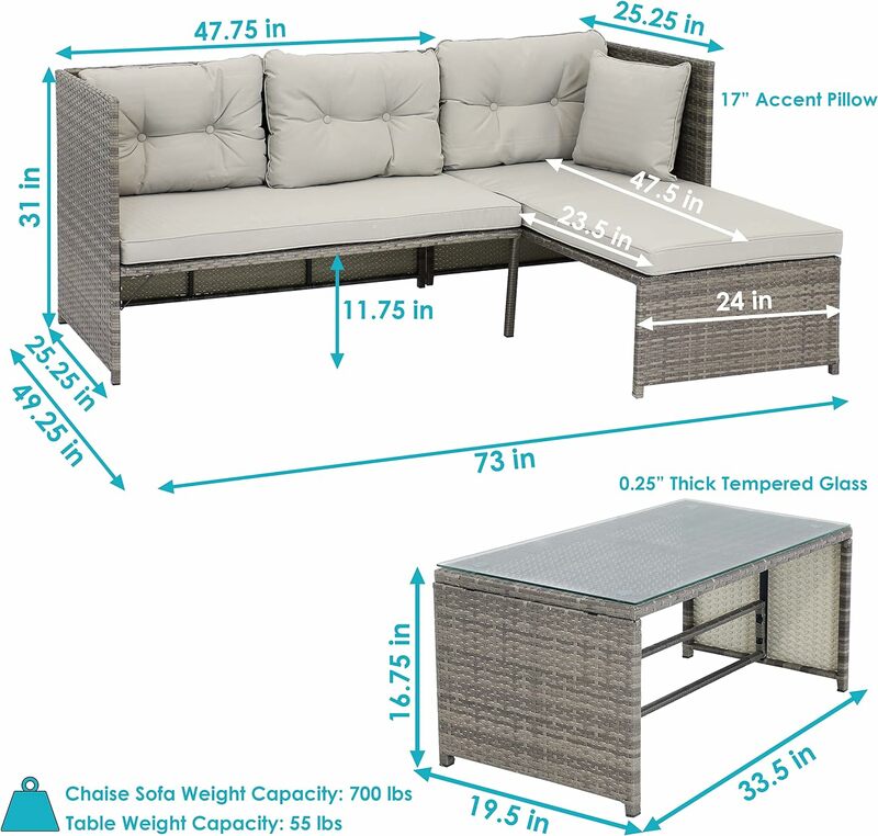 Conjunto de sofá seccional para Patio al aire libre, muebles de salón de mimbre marrón para Patio trasero con mesa de centro y cojines gruesos