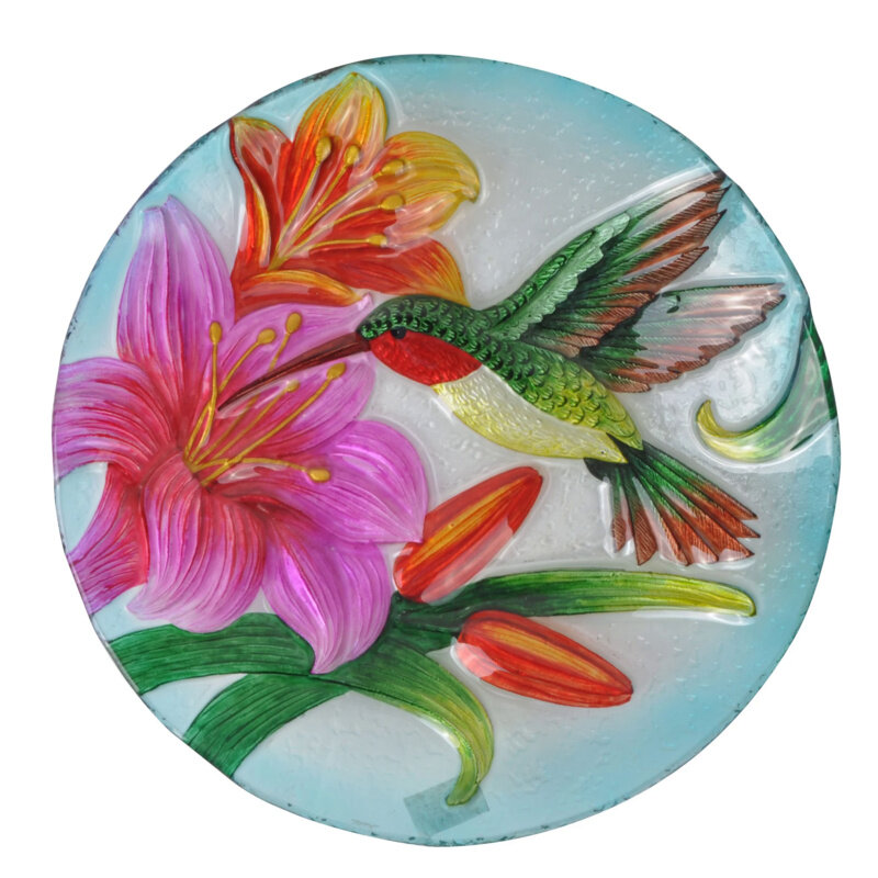 Teamson Home-baño de pájaros Colibrí y flores de cristal para exteriores, 18 ", con soporte, Multicolor, 45,7x45,7x53,8