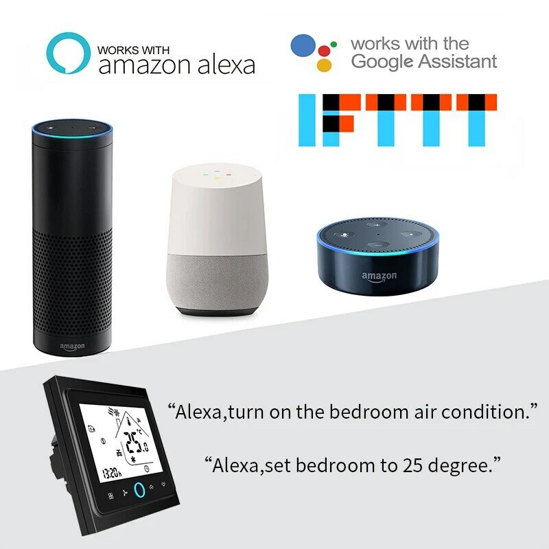 WiFi Central Ar Condicionado Termostato, Controlador de Temperatura, Fan Coil Unit, Trabalhar com Alexa, Google Home, 2 Pipe, 4 Pipe, 3 Velocidade