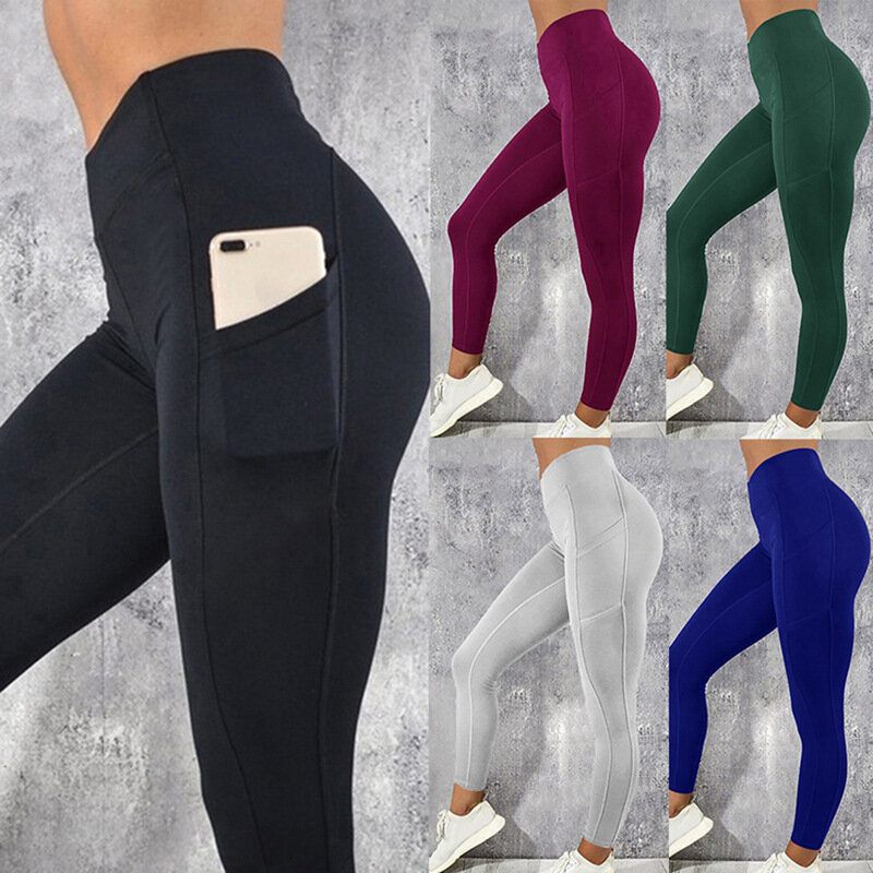 Calça de ioga monocromática feminina, calça esportiva esportiva esportiva, bolsos laterais do telefone, alta elasticidade, moda, 2023