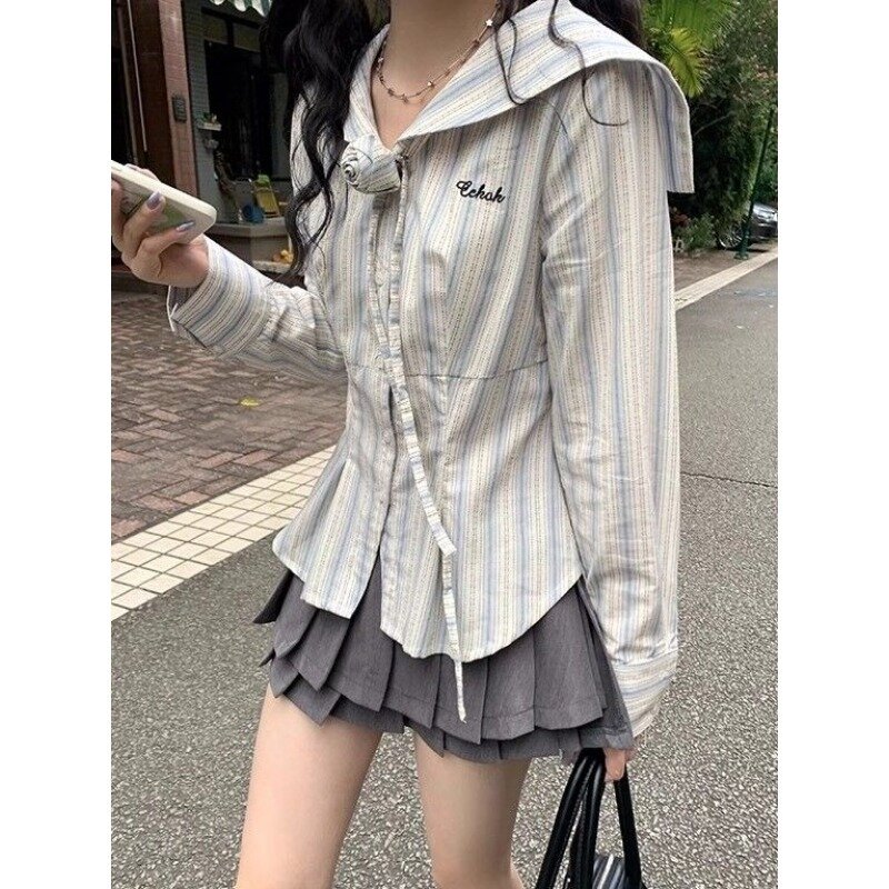 QWEEK Striped Long Sleeve Shirt Woman Preppy Button Up Blouses Korean Fashion Spring Y2k Vintage Casual Chic Youthful  Aesthetic