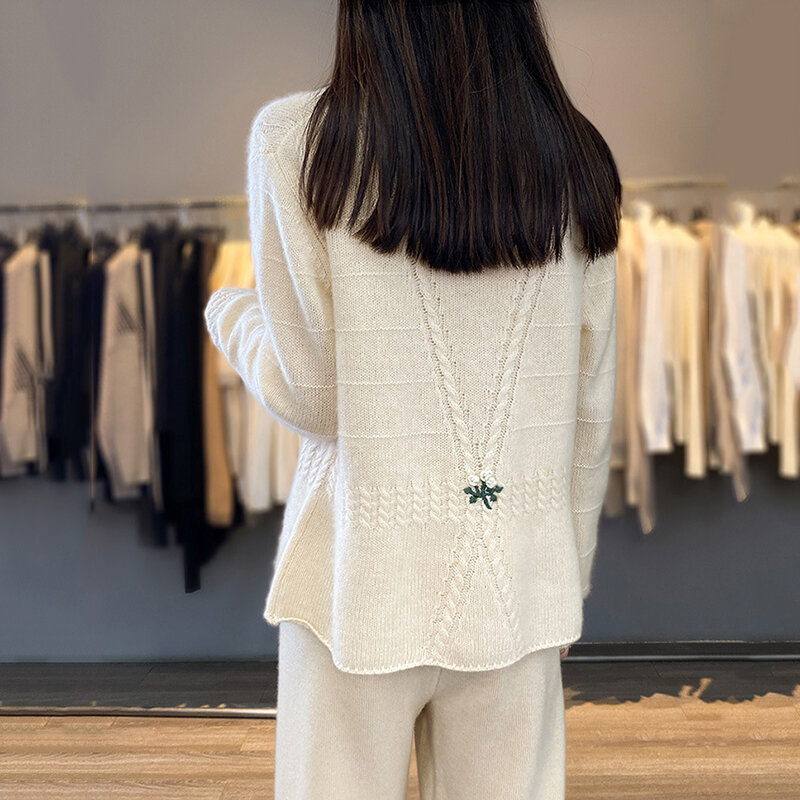 Suéter de cachemira para mujer, cárdigan de punto de manga larga, con diseño de ganchillo, a la moda, novedad de otoño e invierno, 2024