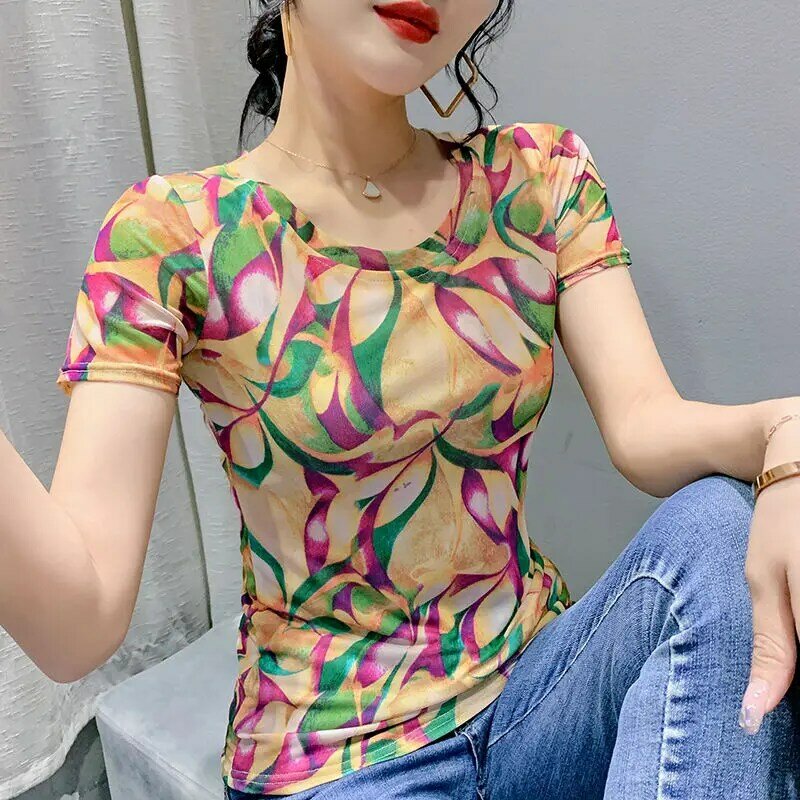 2024 Summer New Fashion Commuter Geometric Printed Gauze Short Sleeve T-shirts Women's Slim Round Neck Pullover Comfortable Tops