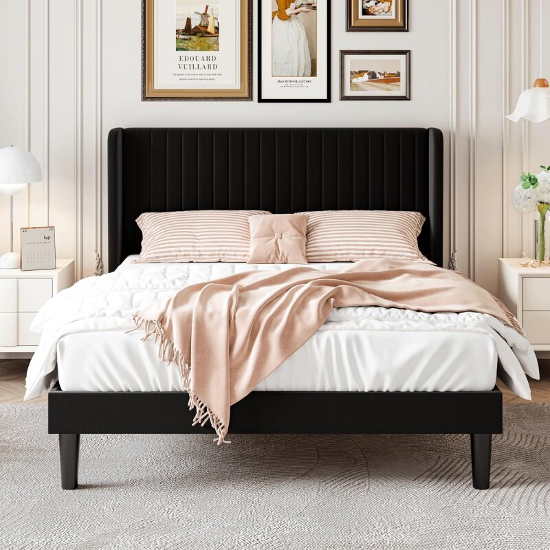 إطار سرير مخملي SHA CERLIN مع قناة عمودية ، لوح أمامي معدود من الخلف ، منصة منجدة ، سرير مع شرائح خشبية ، حجم كوين