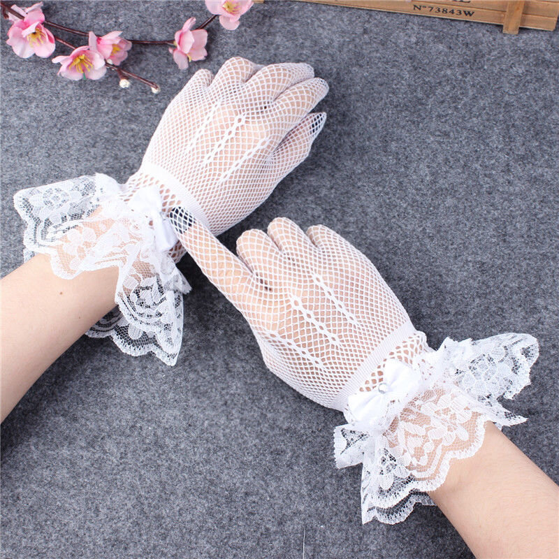 Women Black White Mesh Fishnet Gloves Elegant Ladies Short Lace Gloves Summer Uv-Proof Driving Gloves Full Finger Mittens