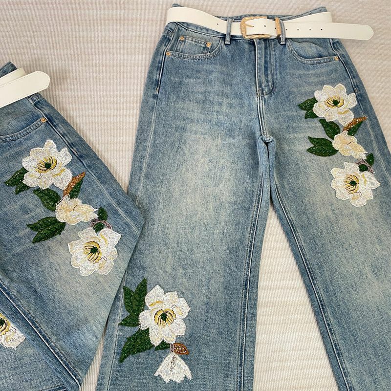 Jeans Blumen Stickerei Pailletten amerikanische Frauen Sommer Nische hoch taillierte lose gerade lässige breite Bein bodenlangen Ins Hosen