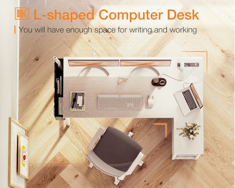ODK meja komputer bentuk L kecil 48 inci, dengan outlet daya, meja sudut dengan dudukan PC & rak penyimpanan bolak-balik untuk Sp kecil