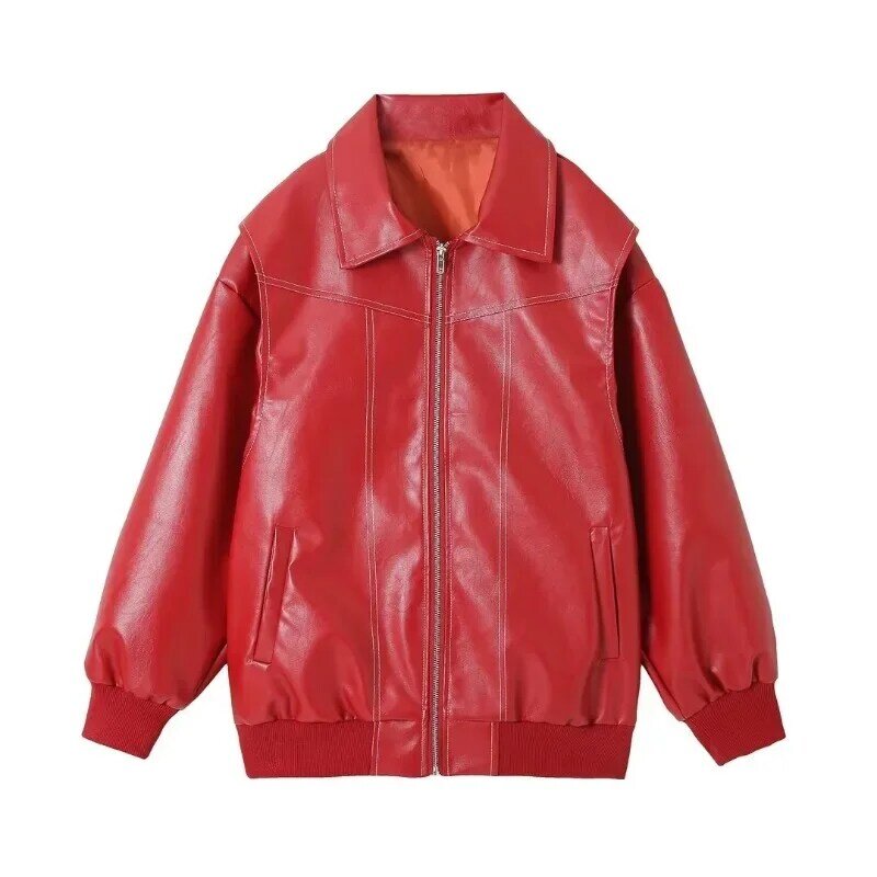 Jaket kulit wanita, Deeptown jaket kulit merah wanita Vintage Y2k mode musim gugur musim dingin kasual 2023 mode mantel jalanan estetika