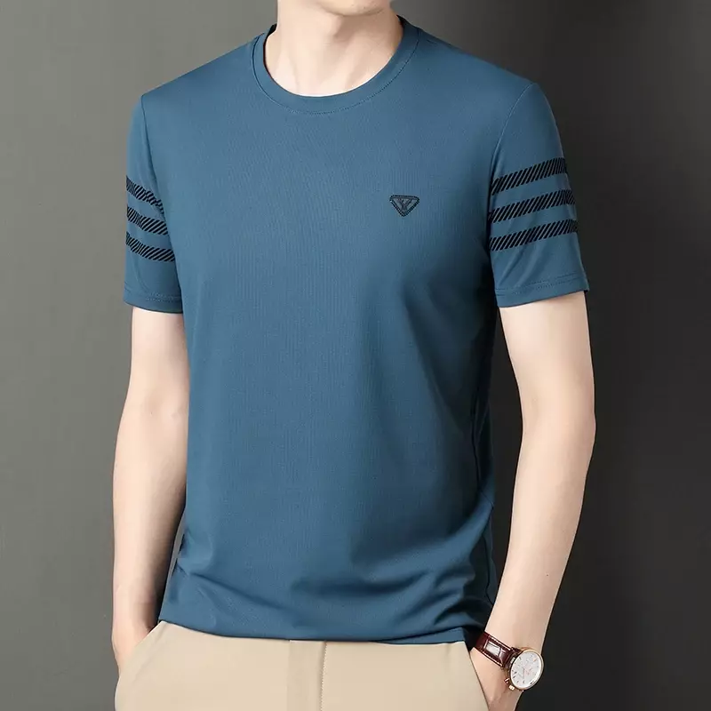 Camiseta masculina meia manga com gola redonda, solta, confortável, respirável, absorvente do suor, casual, nova, primavera e verão