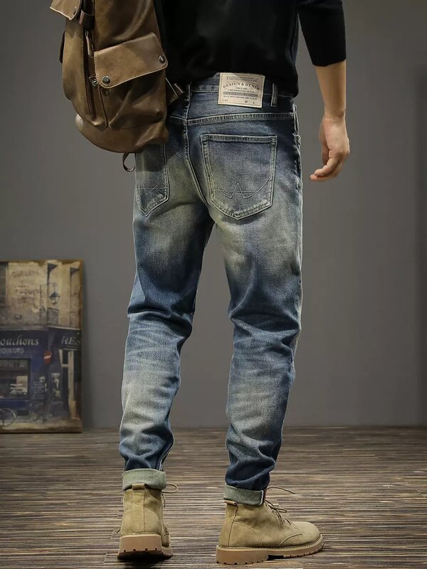 男性のためのレトロなブルーの伸縮性のあるジーンズ,流行のデニムパンツ,スリムフィット,高品質の製品,ヴィンテージスタイル