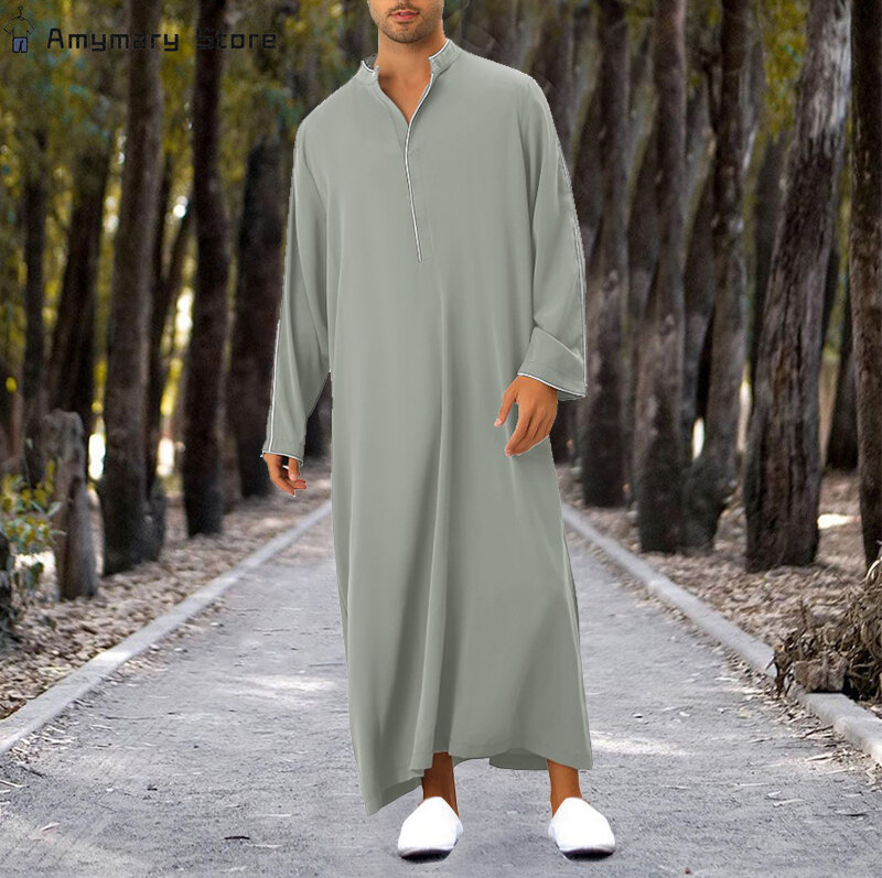 Luźne muzułmańskie Kaftan szaty na Bliskim Wschodzie mężczyźni z długim rękawem arabskie islamskie jednolity kolor Maxi Dubai Abaya Jubba Thobe szaty odzież