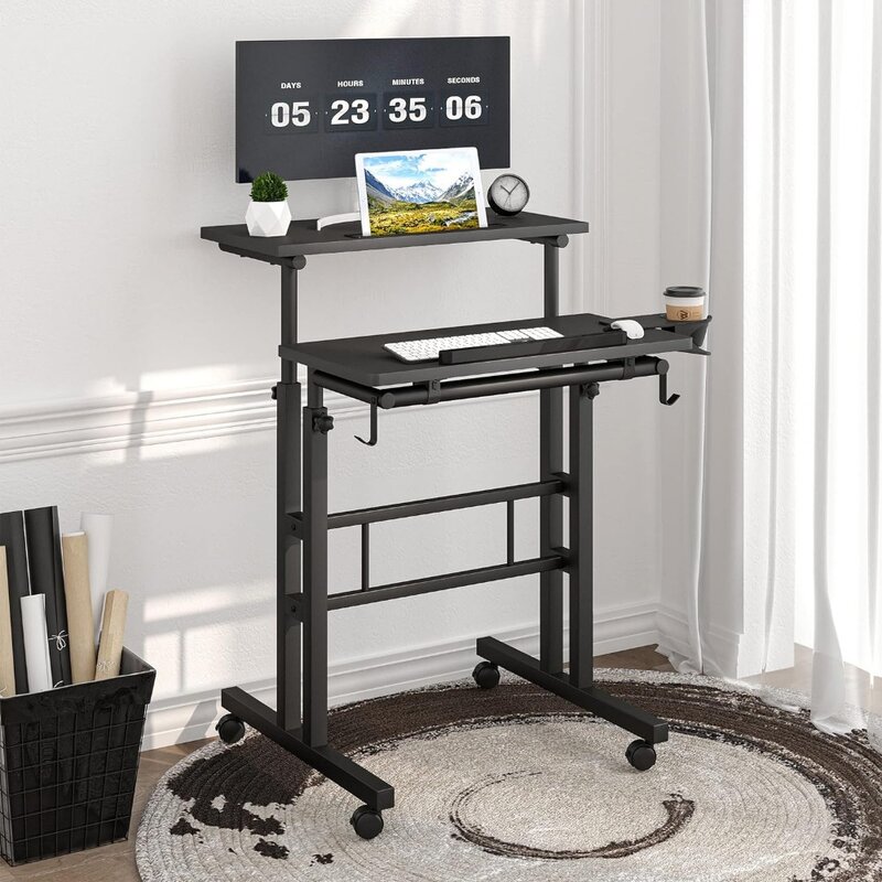 Regulowany stojące biurko wysokości z uchwytem na kubek, przenośny i łatwy do przenoszenia, idealny do domu lub biura, czarny
