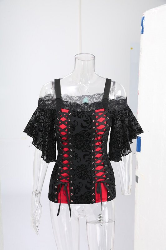 ROSEGAL Plus Size Women's Tops Gothic Floral Pentagram Mesh Flocking Lace Up T-Shirts New Arrived Butterfly Sleeve Tees
