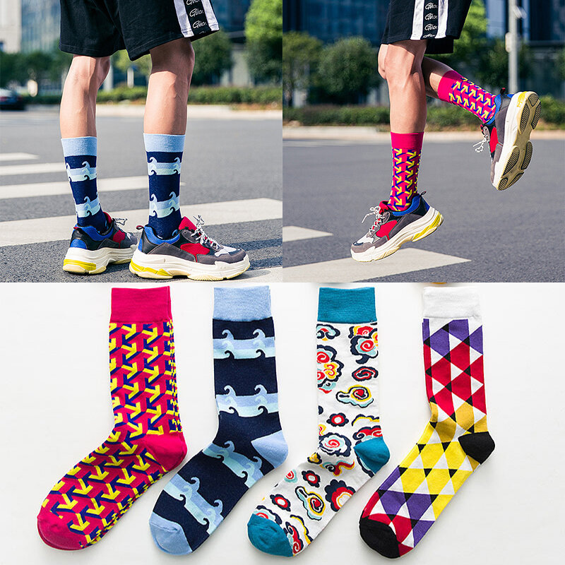 Best selling British style geometric contrast color trend men's socks street cotton mid-tube socks plus size men's socks