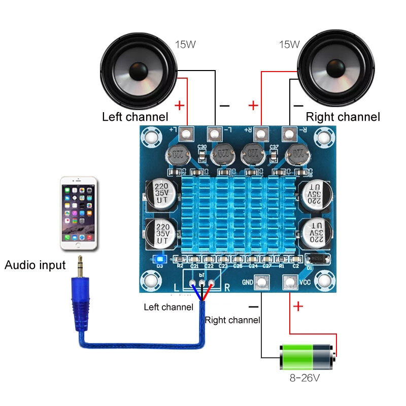 Dual Channel Digital Stereo Audio Amplificador Board, DC Audio Amplificador Board, 12V, 24V, 30W, 8-26V