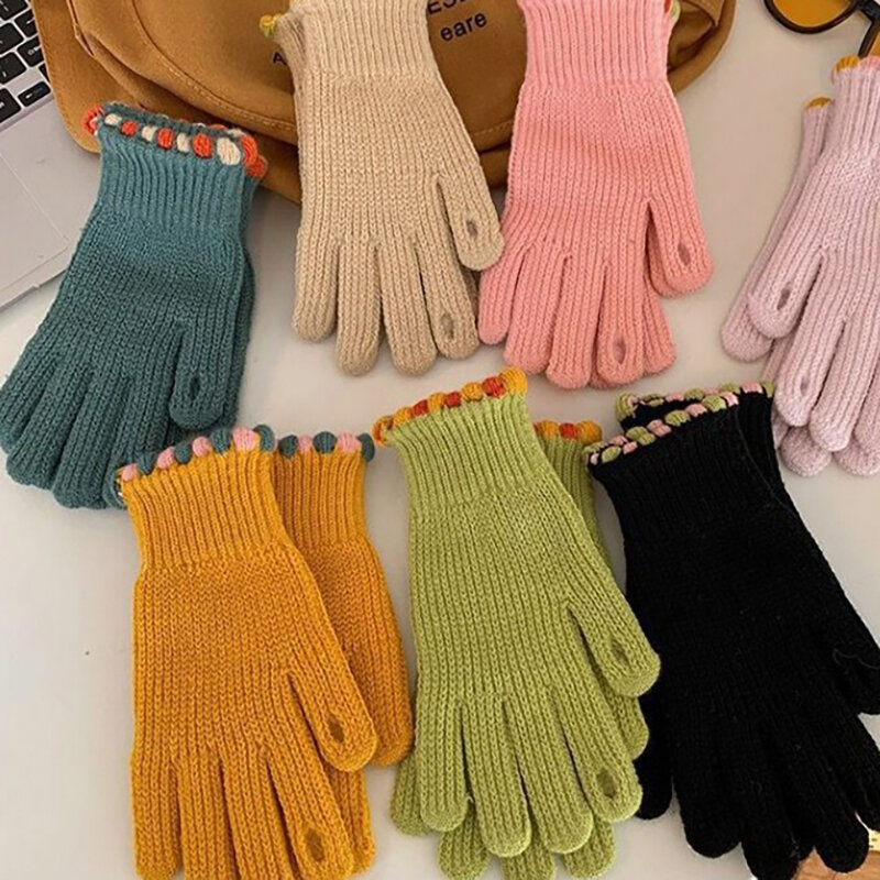 1Pair Padded Gloves Kawaii Winter Warm Padded Students Riding Touchscreen Full Finger Gloves