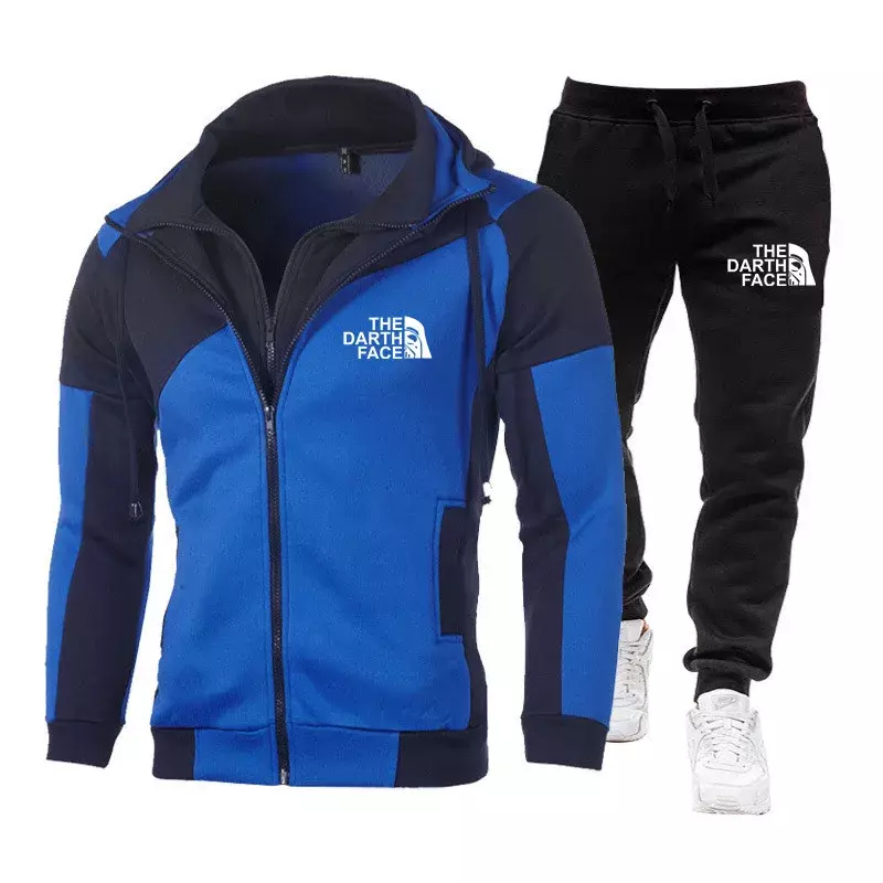 2024New men's double zipper jacket hoodie + black casual jogging pants two sets of fashion casual fitness sportswear two sets