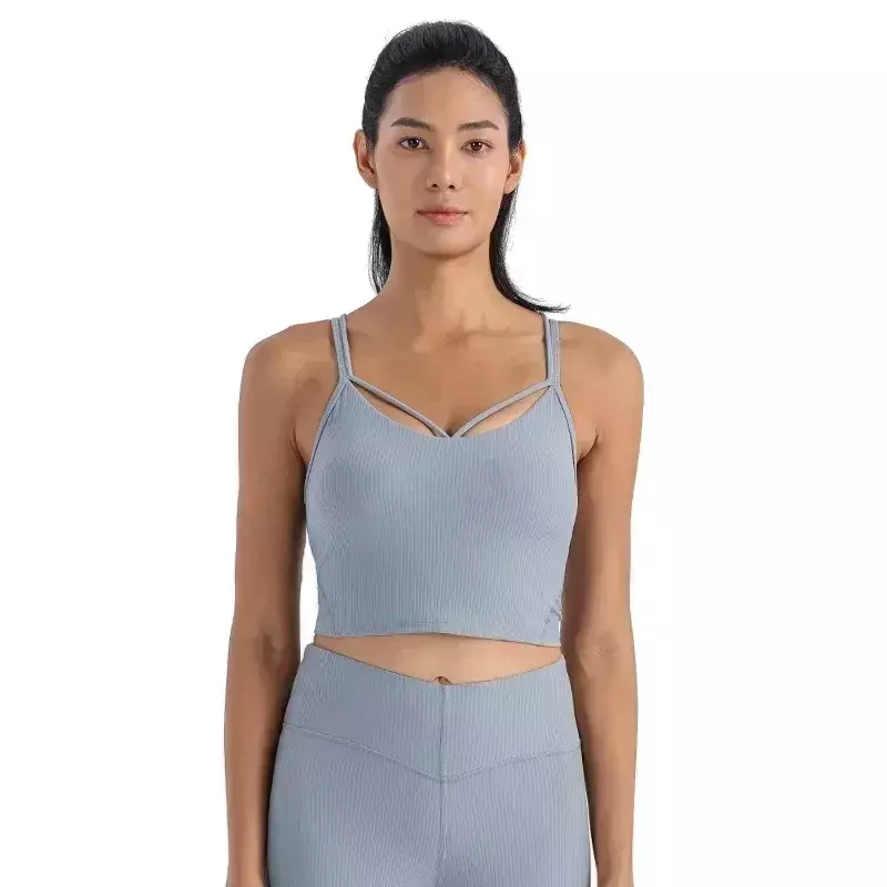 Limão-Mulheres's Strappy com nervuras Tanque Yoga Sports Vest com almofada no peito, cinto fino sexy, alta elástica apertada Sports Sling Bra, Alinhar
