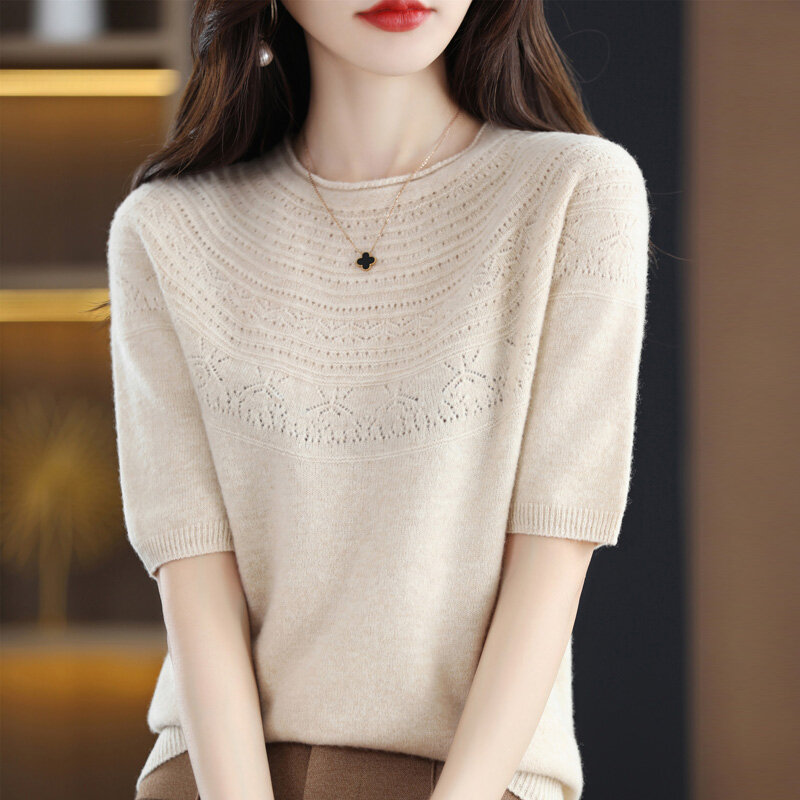 Sweater Women's Light Luxury Elegant Thin Section Worsted Knitted Summer Temperament Hook Flower Hollowed Out Thin All-Match Top