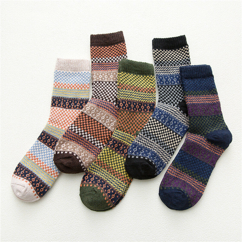 5 pairs of autumn and winter warm men's wool socks in the middle tube small square retro ethnic style ski socks