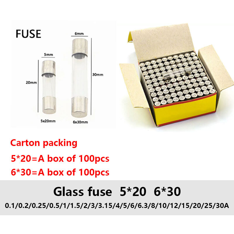 5*20 6*30 glass fuse fast fuse 250V 0.1/0.2/0.25/0.5/1/1.5/2/3/3.15/4/5/6/6.3/8/10/12/15/20/25/30A 5x20mm 6x30mm