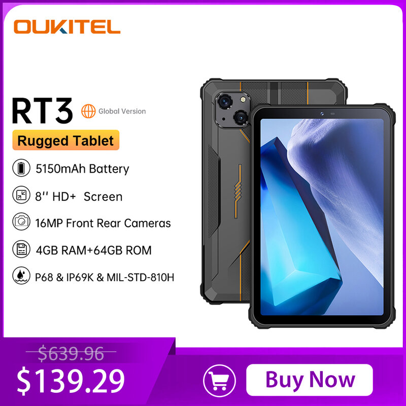 Oukitel RT3 Mini Tablet robusto 8 pollici HD + 5150 mAh 4GB + 64GB Android 12 Tablet Mtk Helio P22 16MP Pad fotocamera