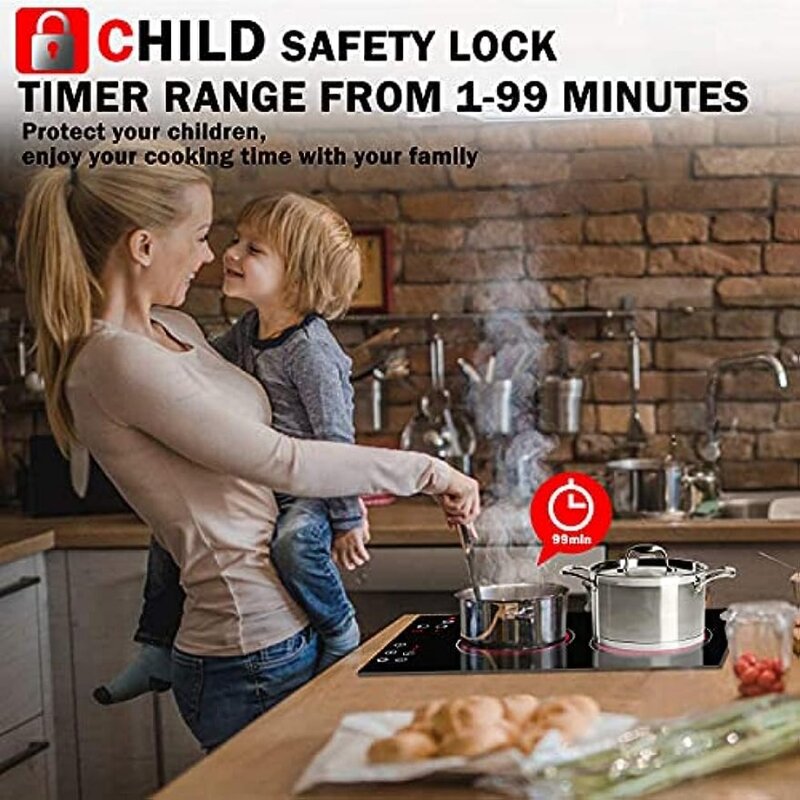 Table de cuisson électrique avec verrouillage de sécurité enfant, 220V-240V, minuterie, indicateur de chaleur résiduel, 3200W, câblé, sans prise