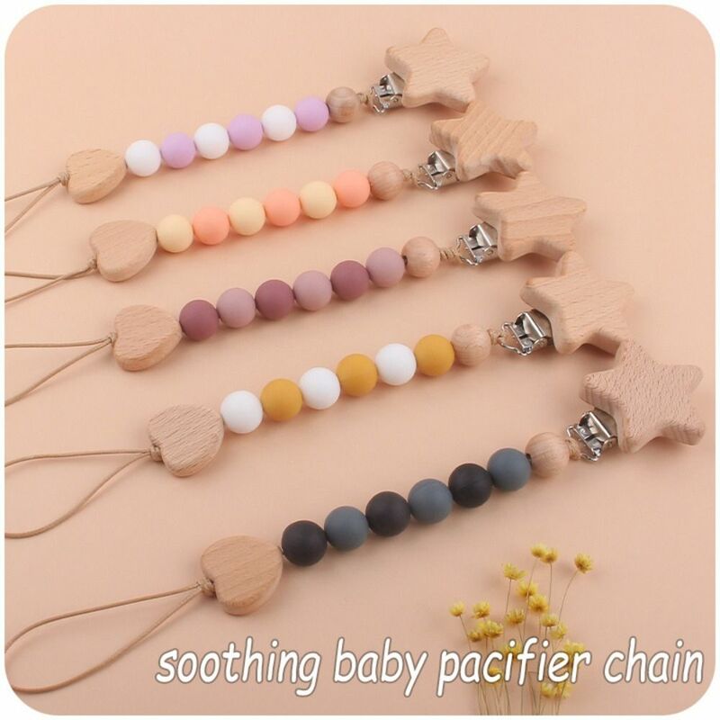 Wood Pacifier Holder Clips Love Heart Star Baby Teether Toys Straps Soother Holder Dummy Clips Baby Pacifier Chain Children