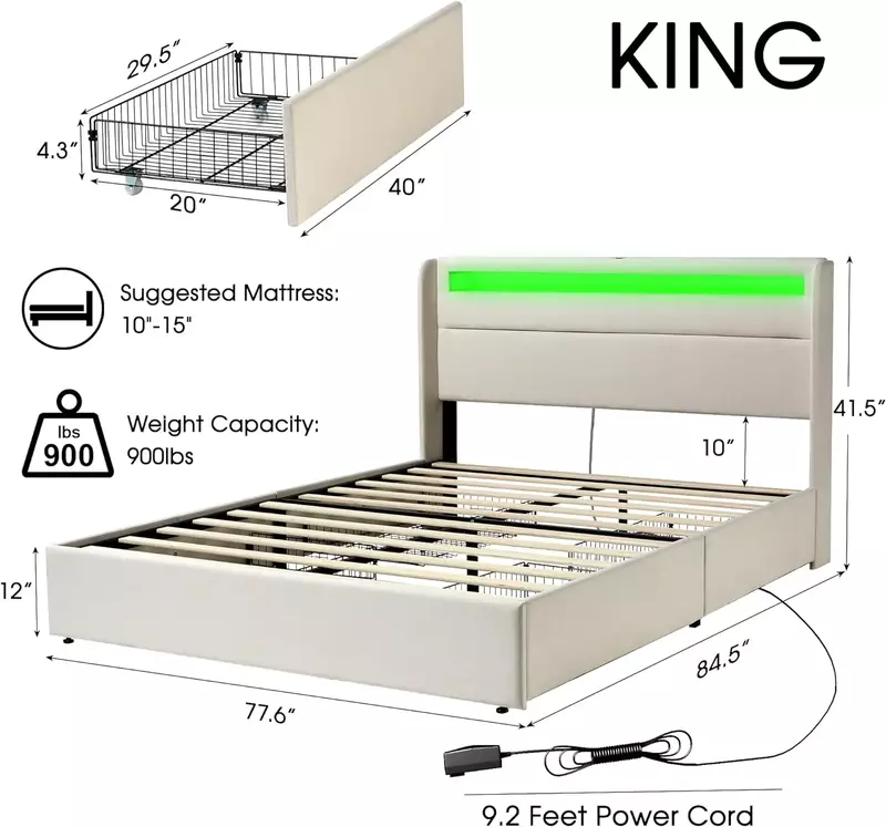 Kerangka tempat tidur raja dengan lampu LED RGBW Headboard & 4 laci penyimpanan, tempat tidur Platform pintar berlapis kain dengan port USB & USB-C