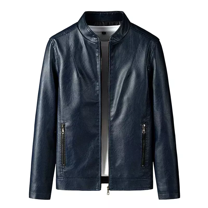 Куртка мужская оверсайз из искусственной кожи, повседневная верхняя одежда из искусственной кожи, с воротником-стойкой, мотоциклетная одежда, темно-синяя, большие размеры 5xl, весна