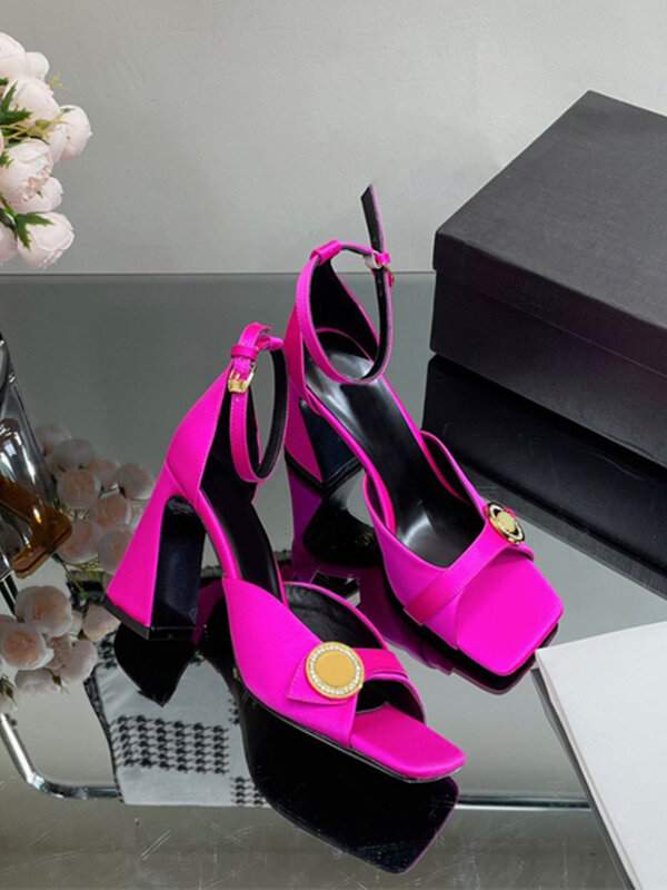 2024 Summer Square Toe Women Sandals Black Sexy Open Toe Thick Heel Metal Buckle Ankle Strap High Heels Hollow Fashion Shoes