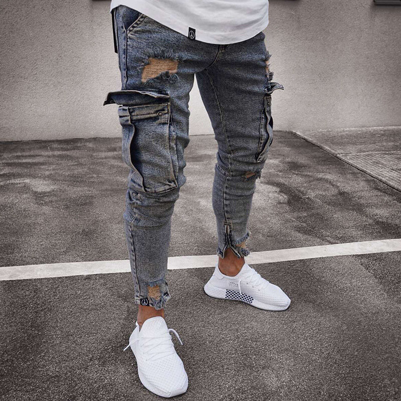 2024 Spring Summer New Men's Clothing Solid Color Trend Knee Hole Zipper Skinny Trousers