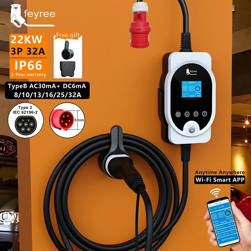 feyree 22KW EV Portable Charger Type2 Cable 32A 3Phase EVSE Wallbox Wi-Fi APP Smart Fast Charging Station for Electric Vehicle