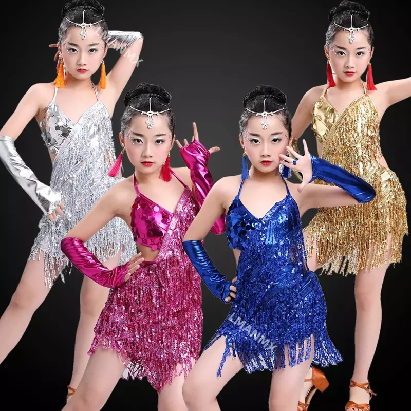 女の子のスパンコールラタンダンスドレス、競技用ドレス、ジャズダンス服、タッセルコスチューム