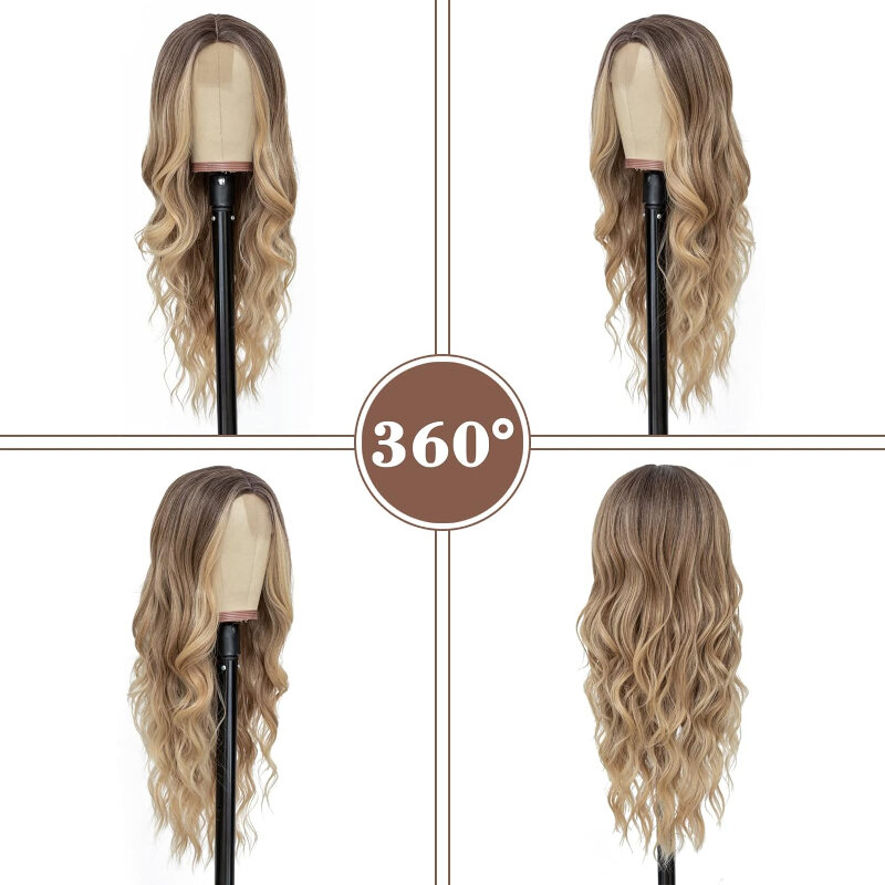 Wig berombak pirang gradien panjang untuk wanita 26 inci rambut keriting tampak alami Wig serat tahan panas sintetis untuk penggunaan sehari-hari
