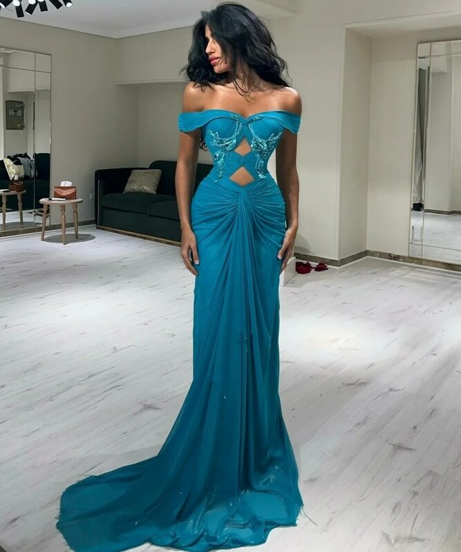 Jiayigong High Quality  Satin Sequined Beading Engagement Trumpet Off-the-shoulder Bespoke Occasion Gown Long Dresses