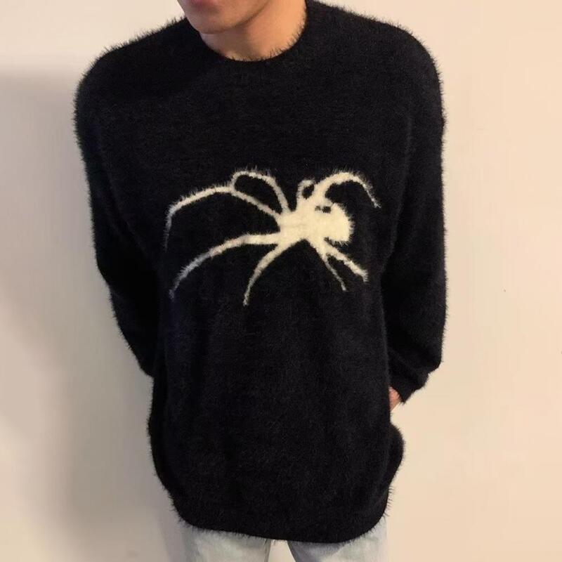 Мужской зимний свитер из искусственной норки, мужской зимний свитер из искусственной норки с рисунком паука, вязаный пуловер в стиле хип-хоп, длинный джемпер