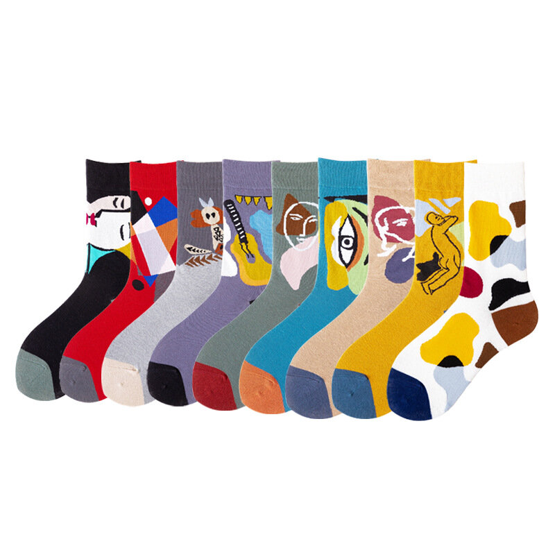 Neue Unisex Malerei Stil Baumwolle Crew Socken Frauen Kühlen Kontrast Farbe Graffiti Charakter Streetwear Skateboard