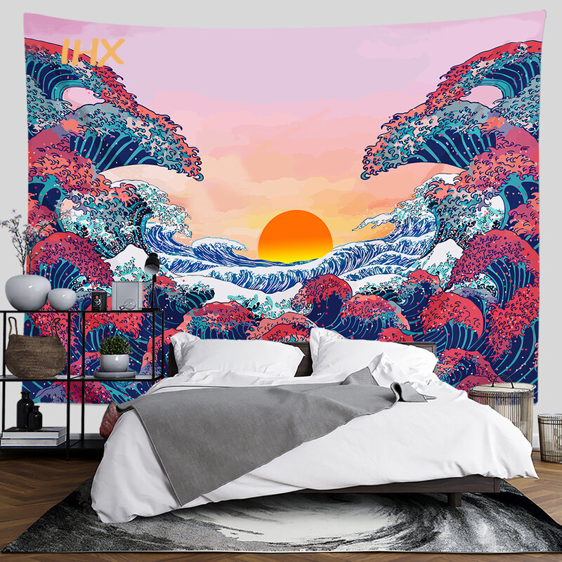 Tapiz de montura Fuji Kawaii para decoración de habitación, tapiz colgante de pared, gran ola, Kanagawa, dormitorio, Dormt, estética, decoración del hogar, Japón