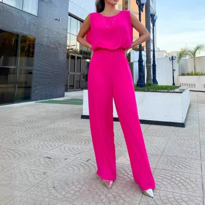 2024 Summer Women's Solid Patchwork Backless High Waist Casual Jumpsuit Street Trendsetter Female Fashion Sexy Long Jumpsuits