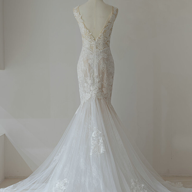 Gaun Pernikahan promosi desain populer untuk wanita 2024 pengantin putri duyung leher-v ritsleting punggung terbuka Vestido De Novia QW01910