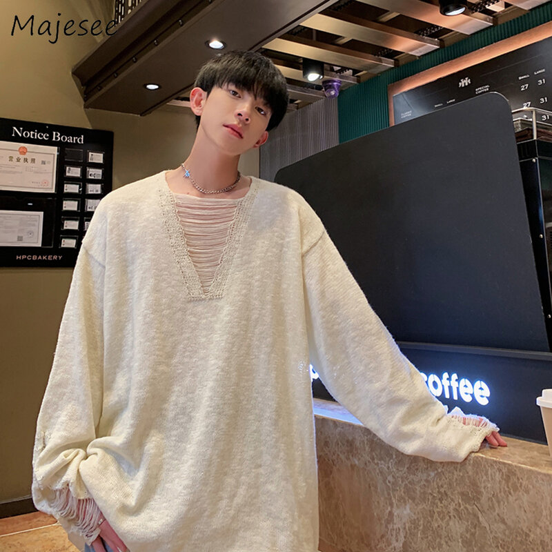 V-neck Pullovers for Men Clothing Knitted Harajuku American Fashion Hip Hop Hole Solid Long Sleeve Sweaters  Sweater