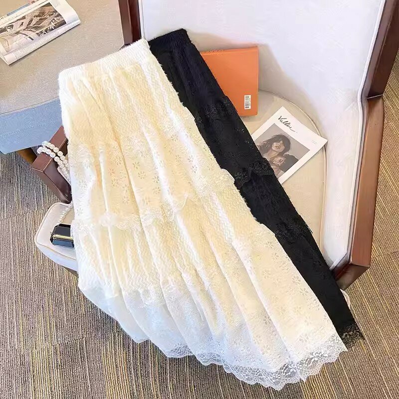Fashion Lace Tulle Skirts Womens 2024 Summer Elastic High Waist Mesh Skirts Long Pleated Tutu Skirt Female Jupe Longue