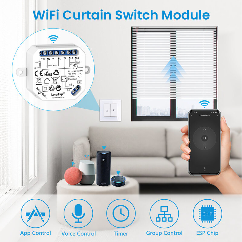 LoraTap-interruptor WiFi para cortinas, dispositivo con Chip ESP 8285, Google, Tuya, Smart Life, Control remoto por voz, Alexa, eléctrico